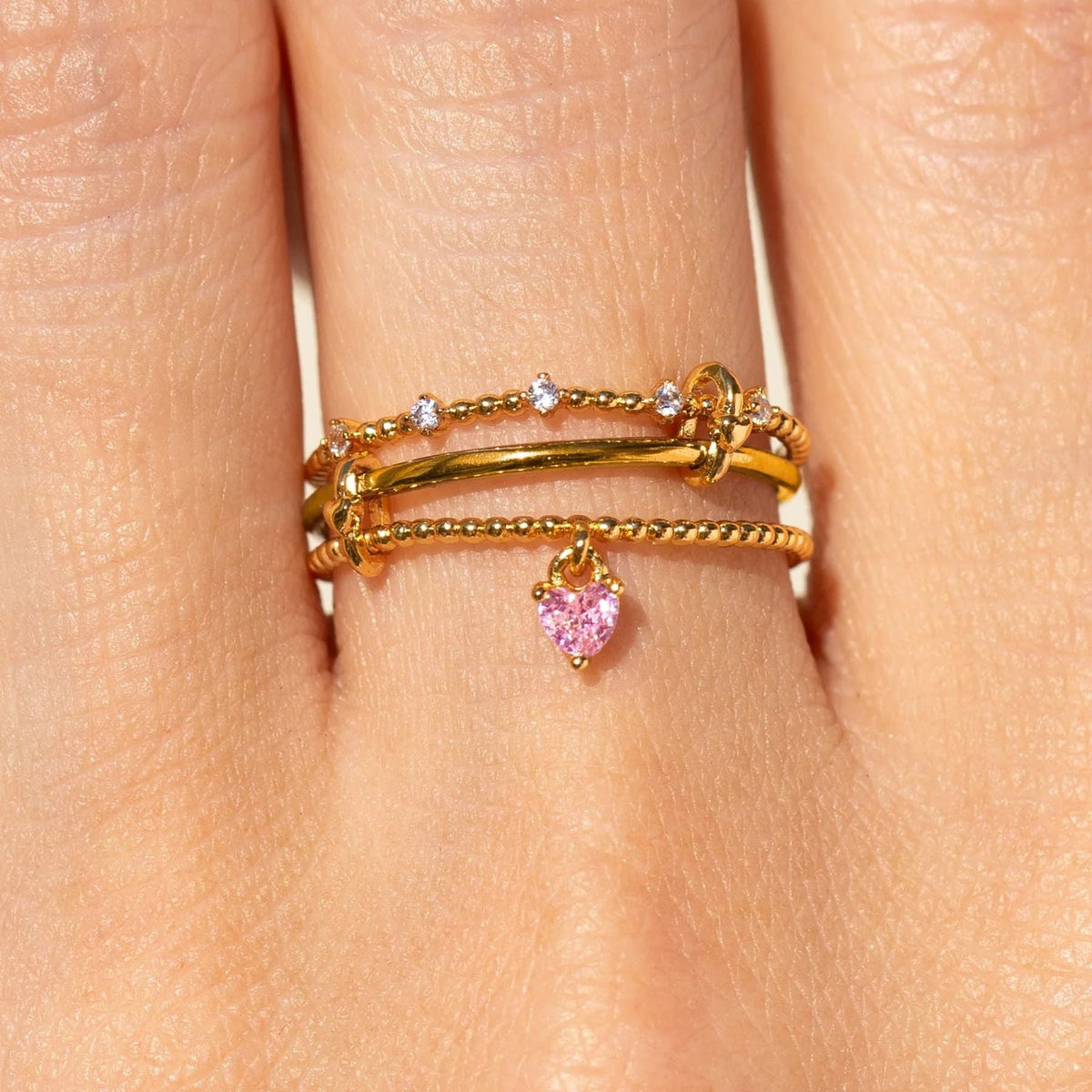 Triple Band Adjustable Ring with Heart Pendant