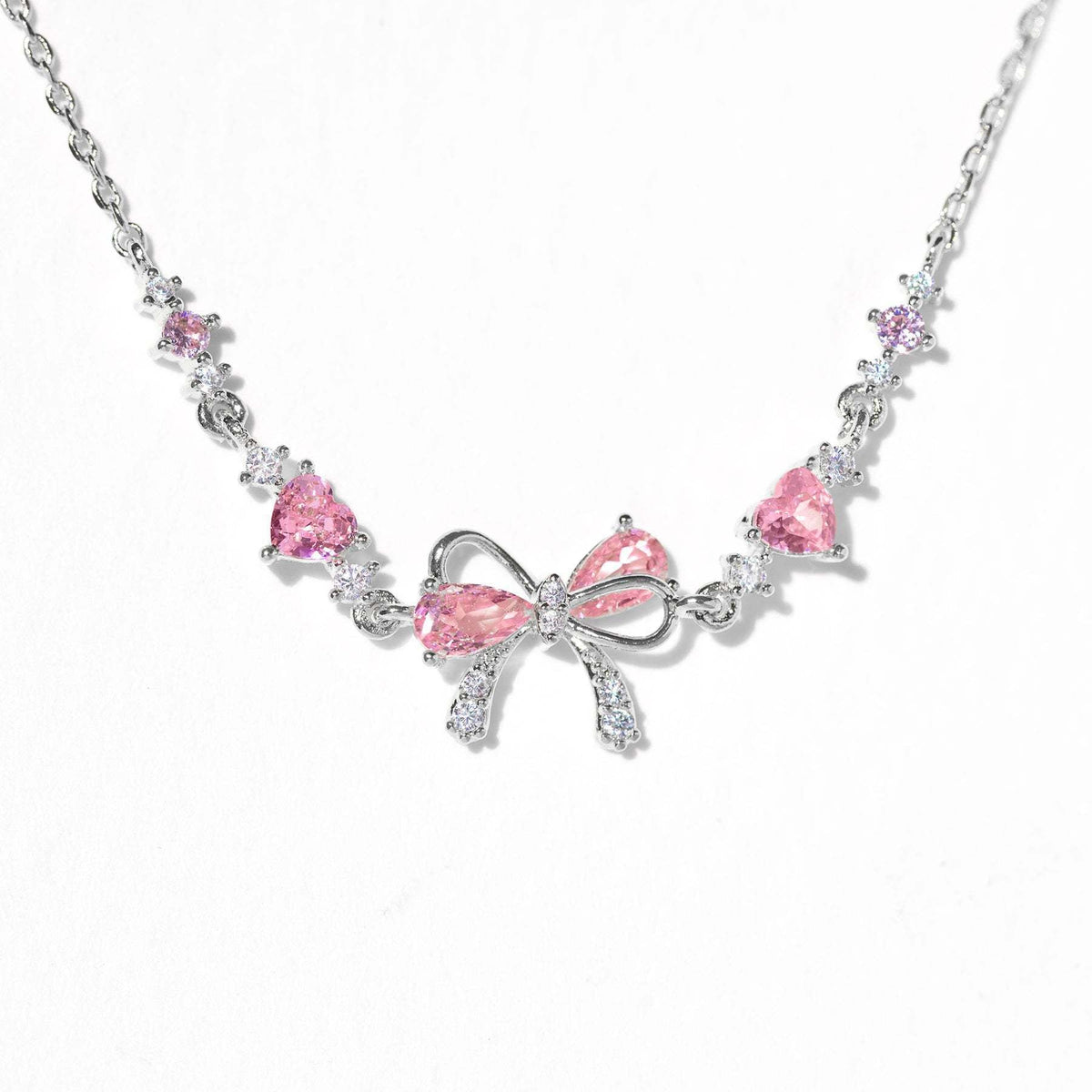 Dainty Pink Bow Crystal Necklace