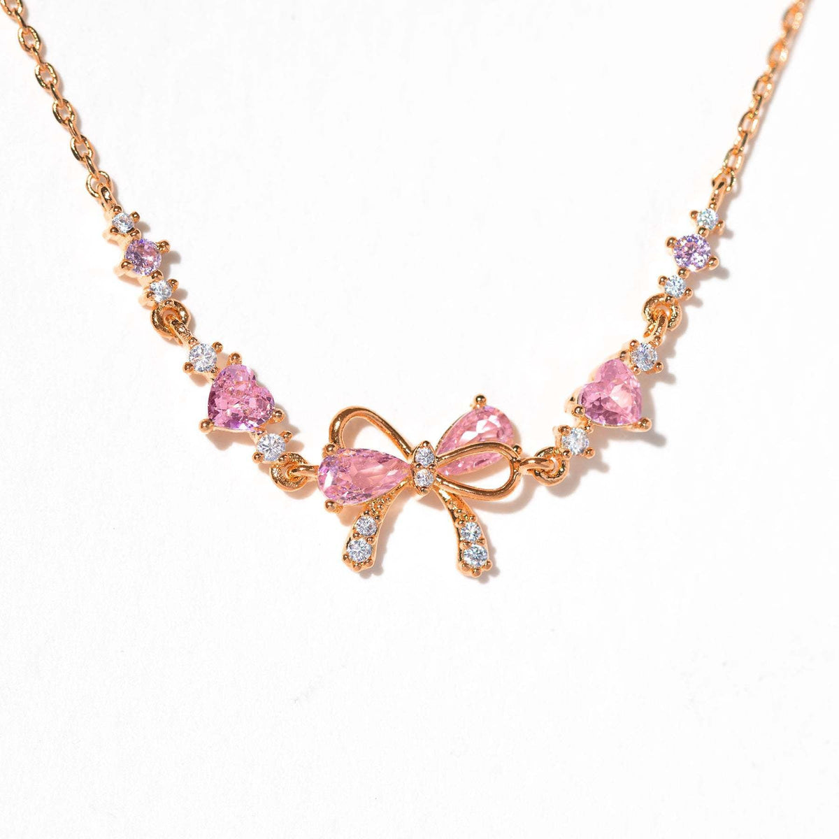 Dainty Pink Bow Crystal Necklace