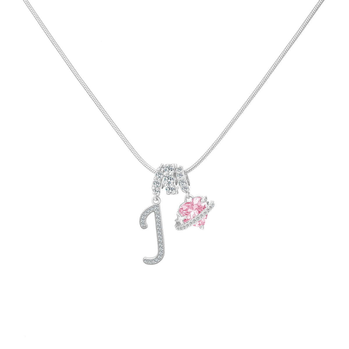 Shimmering Initial & Pink Heart Pendant Necklace