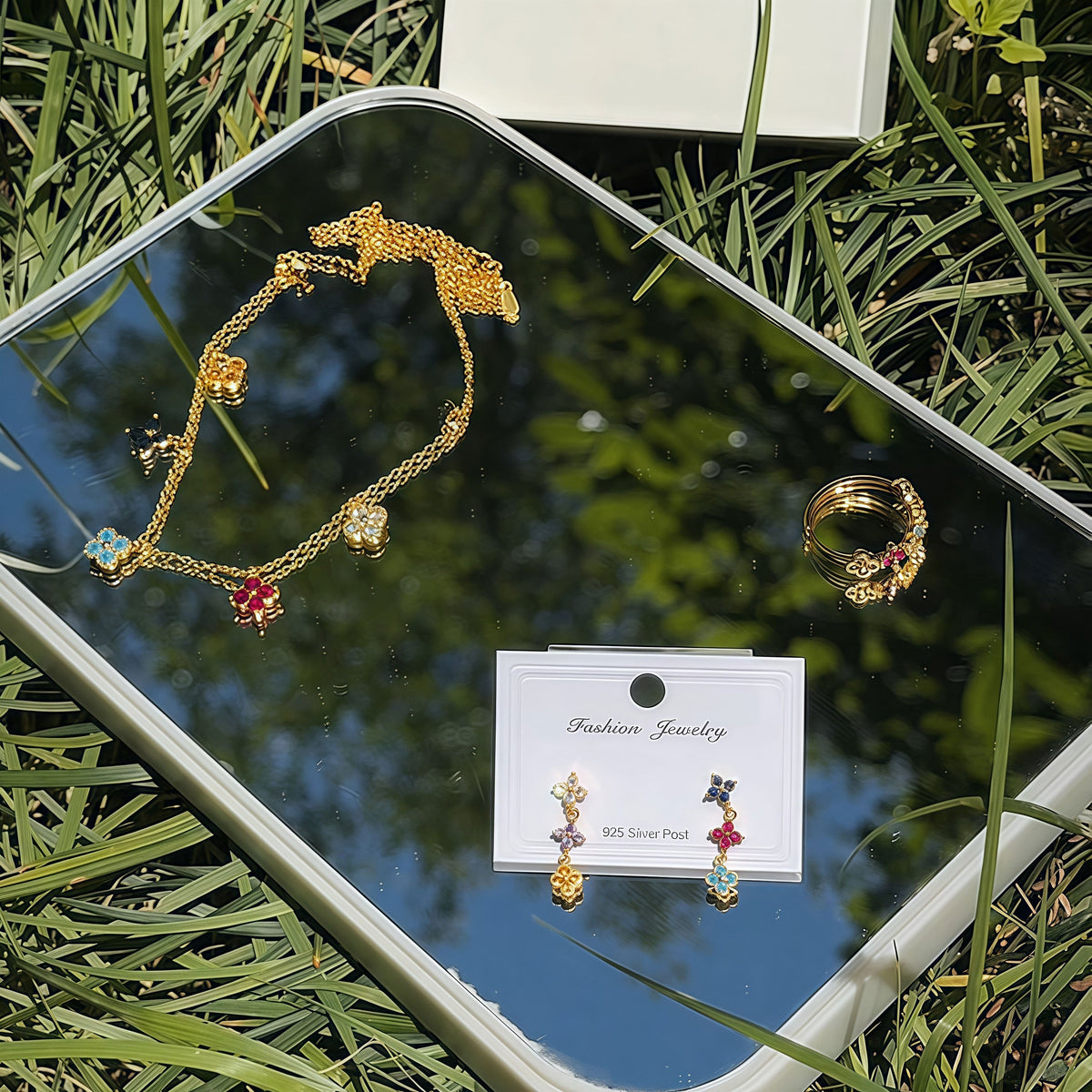 Dainty Multicolor Blossom  Necklace Bracelet Ring Earrings Jewelry Set