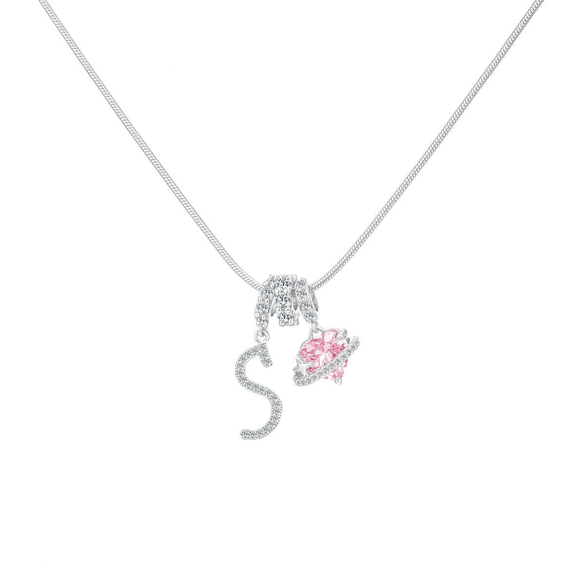 Shimmering Initial & Pink Heart Pendant Necklace